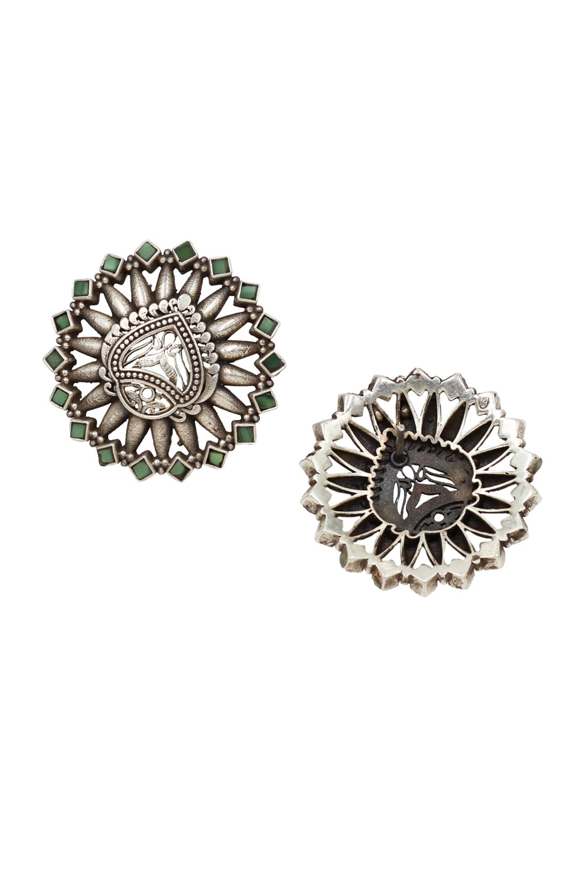Geometric Carved Silver Stud Earrings 