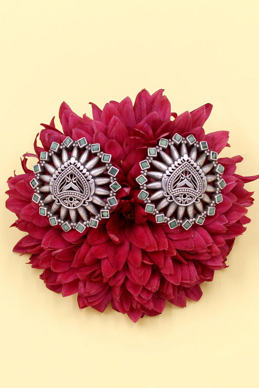 Geometric Carved Silver Stud Earrings 