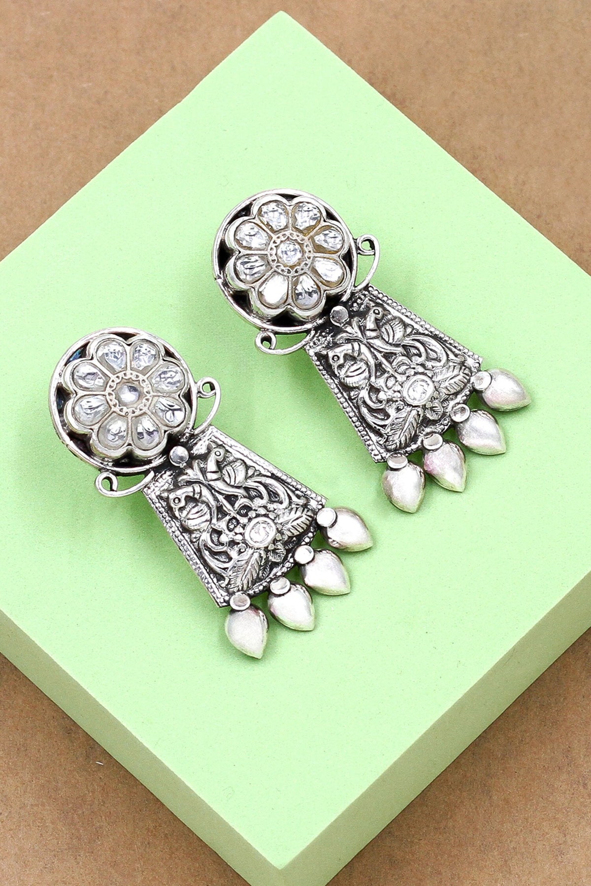 Kundan Peacock Carved Earrings 