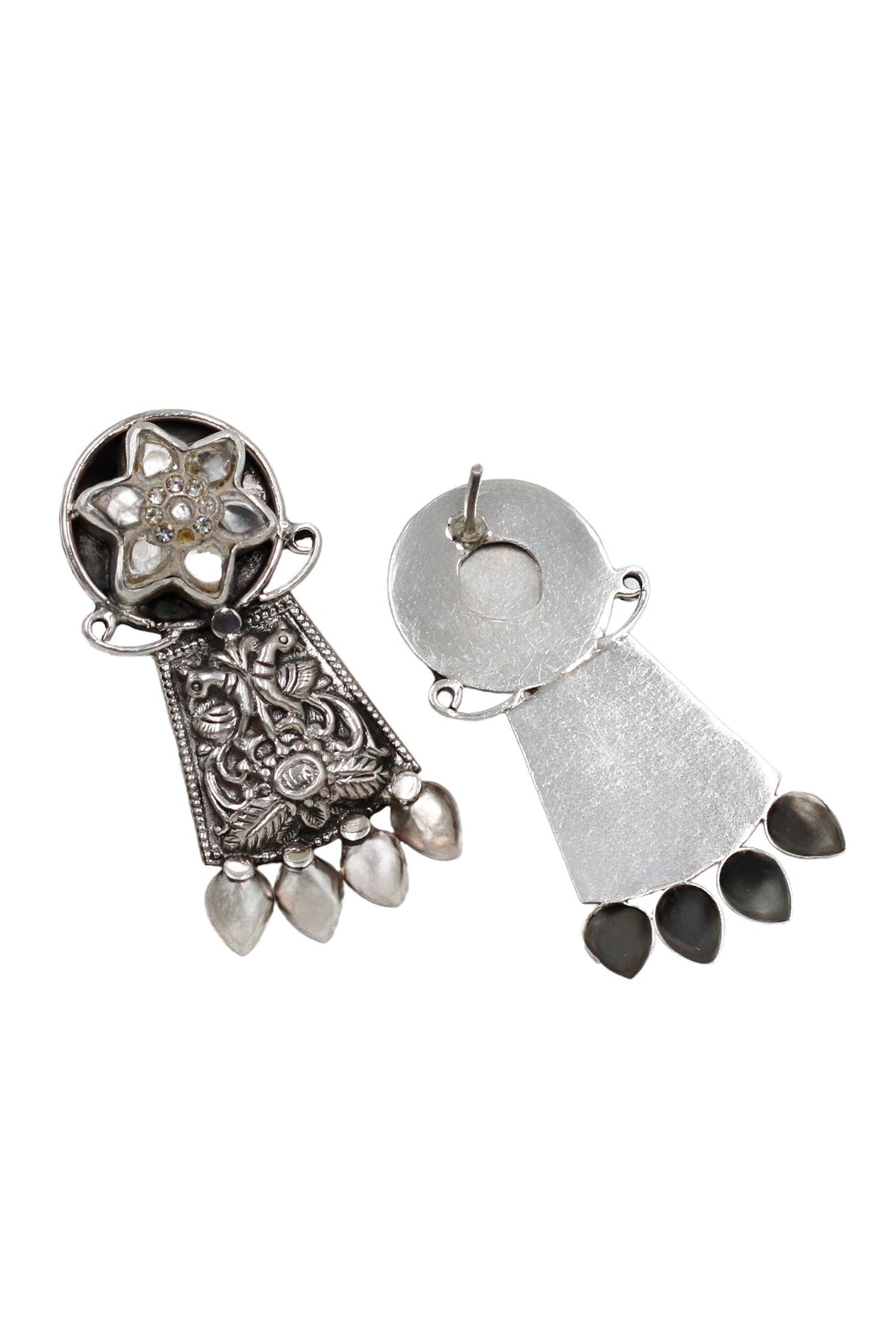 Silver Kundan Peacock Floral Earrings 