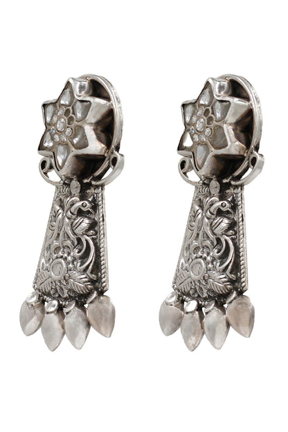 Silver Kundan Peacock Floral Earrings 