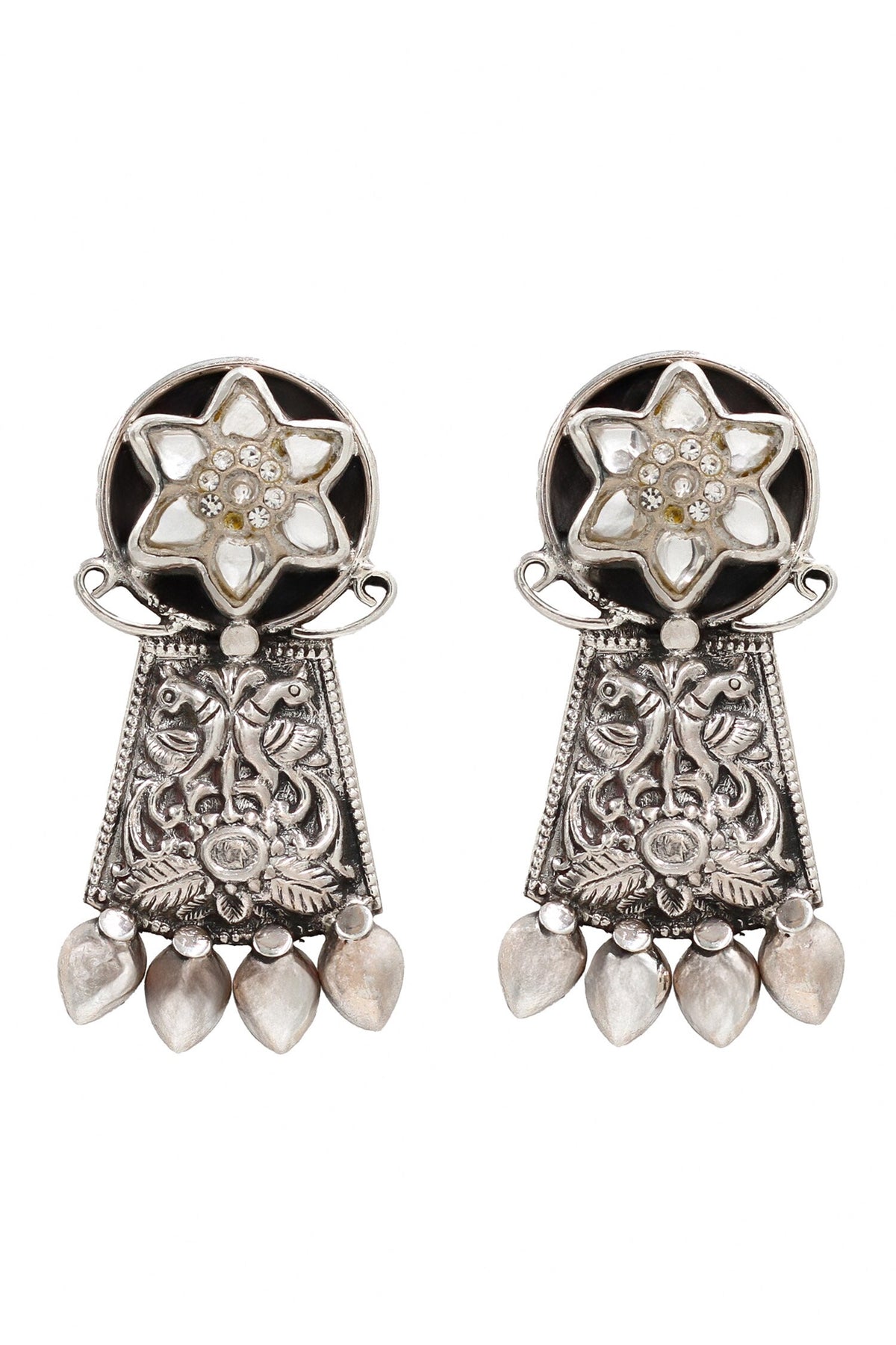 Silver Kundan Peacock Floral Earrings 
