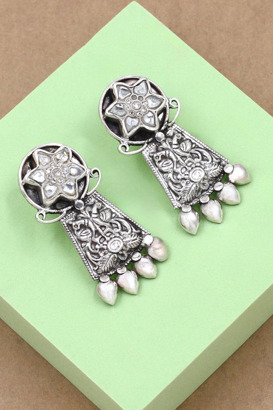 Silver Kundan Peacock Floral Earrings 