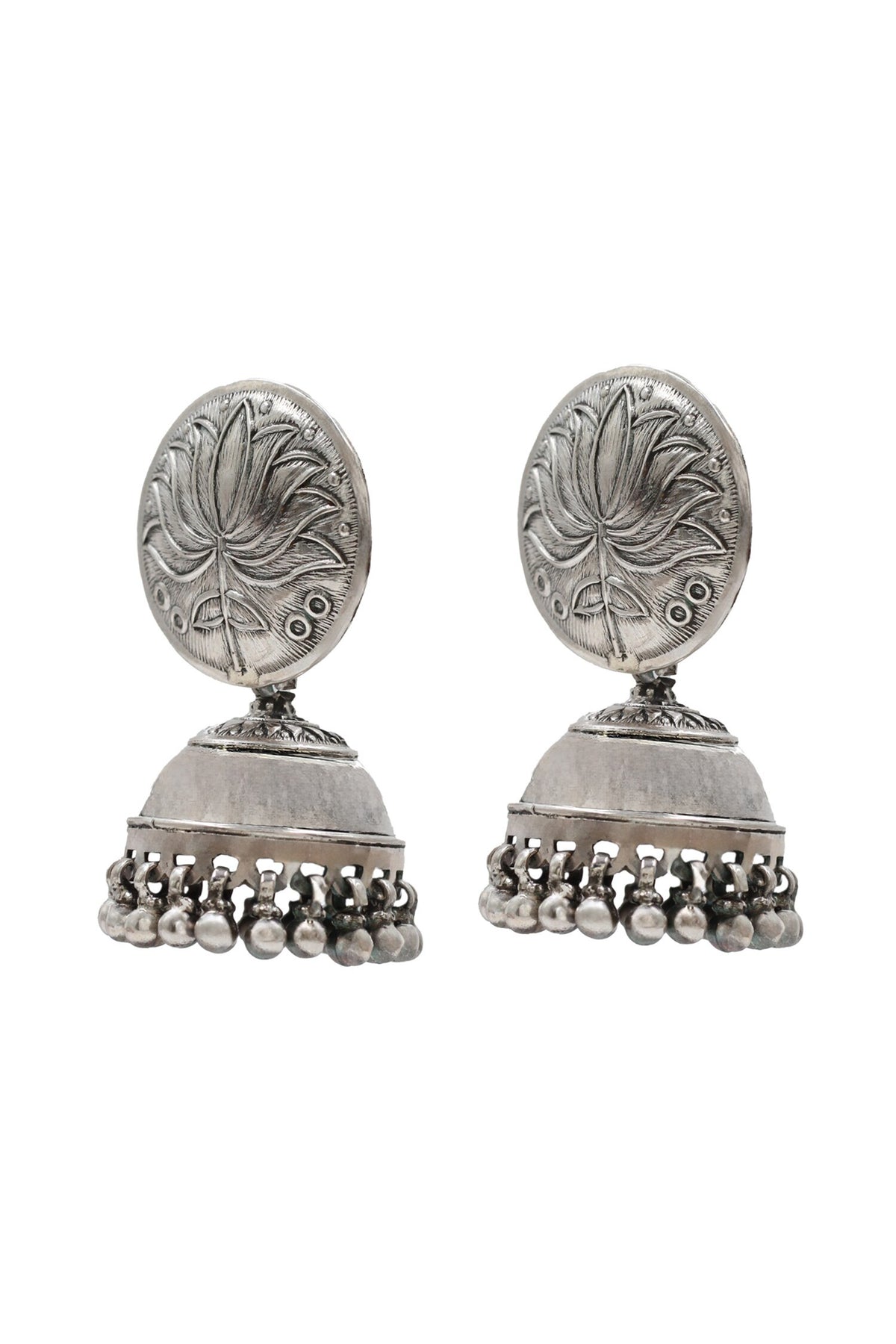 Lotus Carved Sterling Silver Jhumkas 