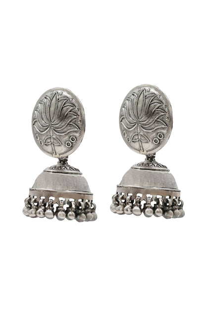 Lotus Carved Sterling Silver Jhumkas 