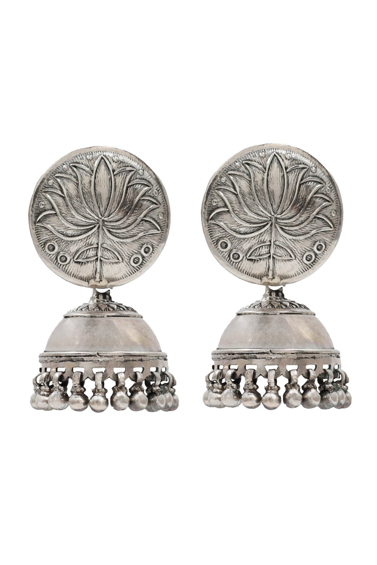Lotus Carved Sterling Silver Jhumkas 