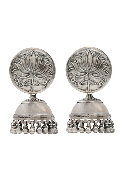 Lotus Carved Sterling Silver Jhumkas 