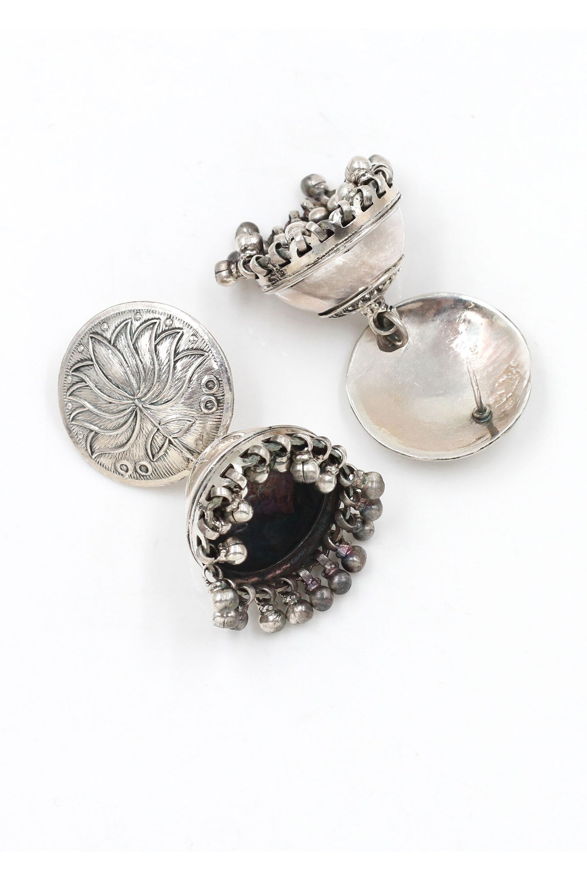 Lotus Carved Sterling Silver Jhumkas 