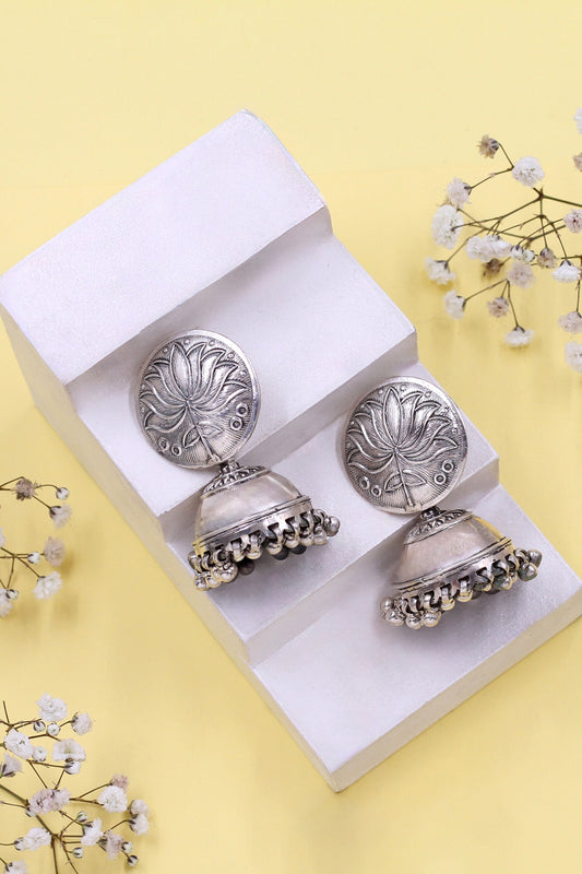 Lotus Carved Sterling Silver Jhumkas 