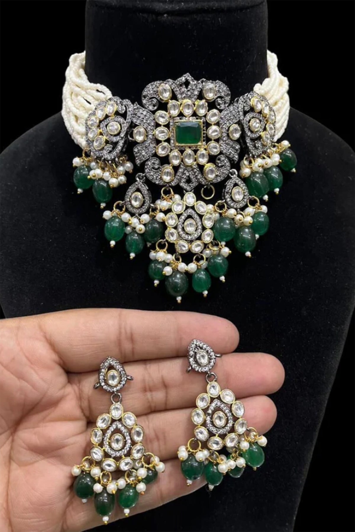 Emerald & Diamond Embellished Necklace Set 