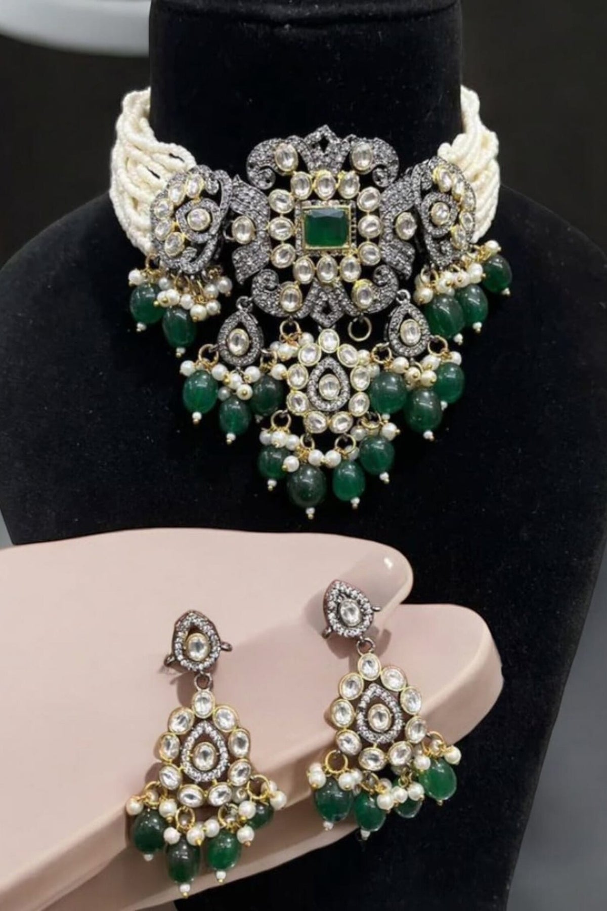 Emerald & Diamond Embellished Necklace Set 