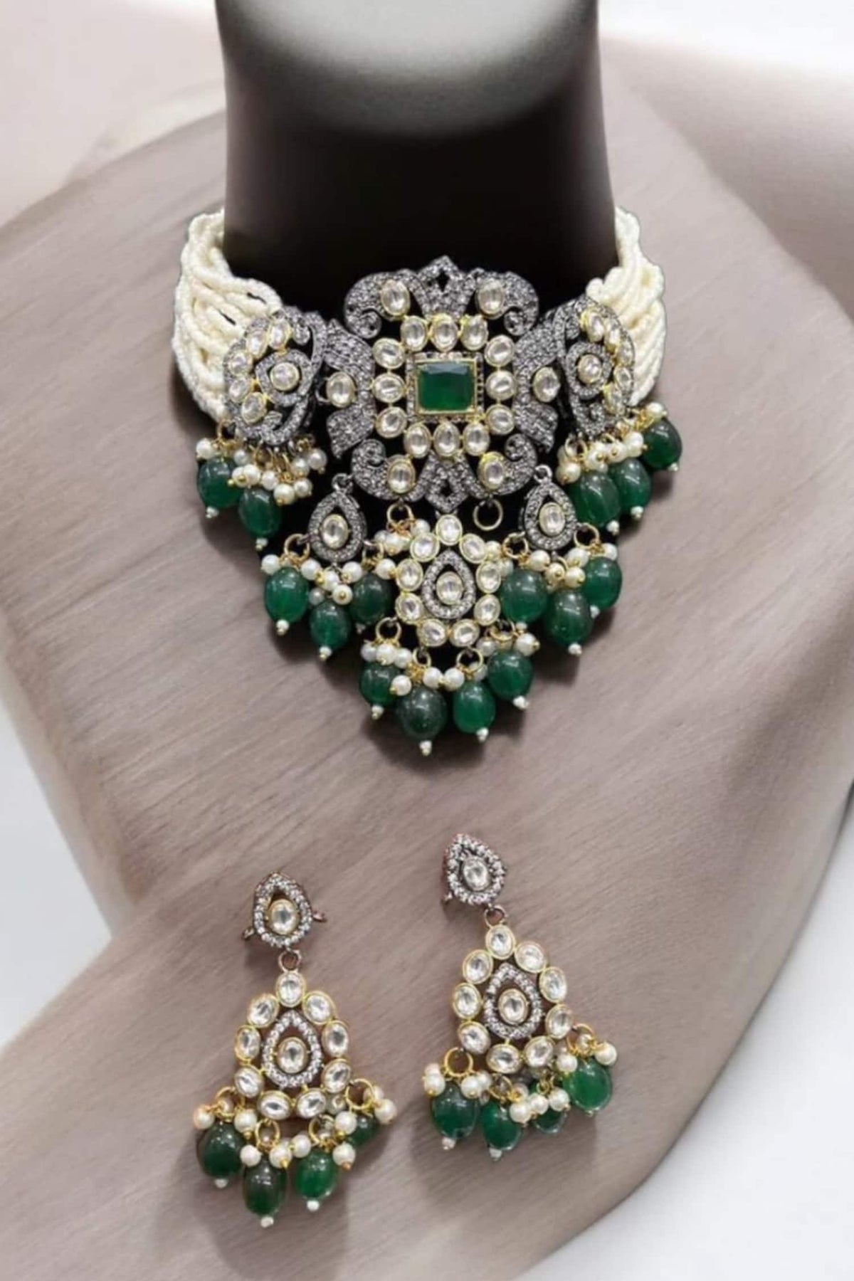 Emerald & Diamond Embellished Necklace Set 