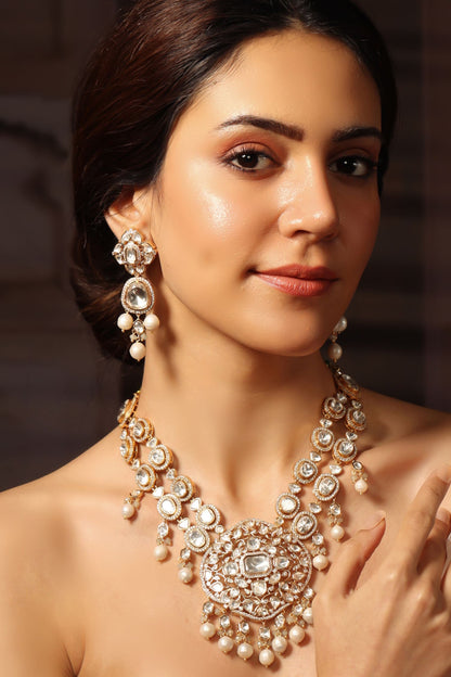 Gold Pearl Kundan Polki Necklace Set 