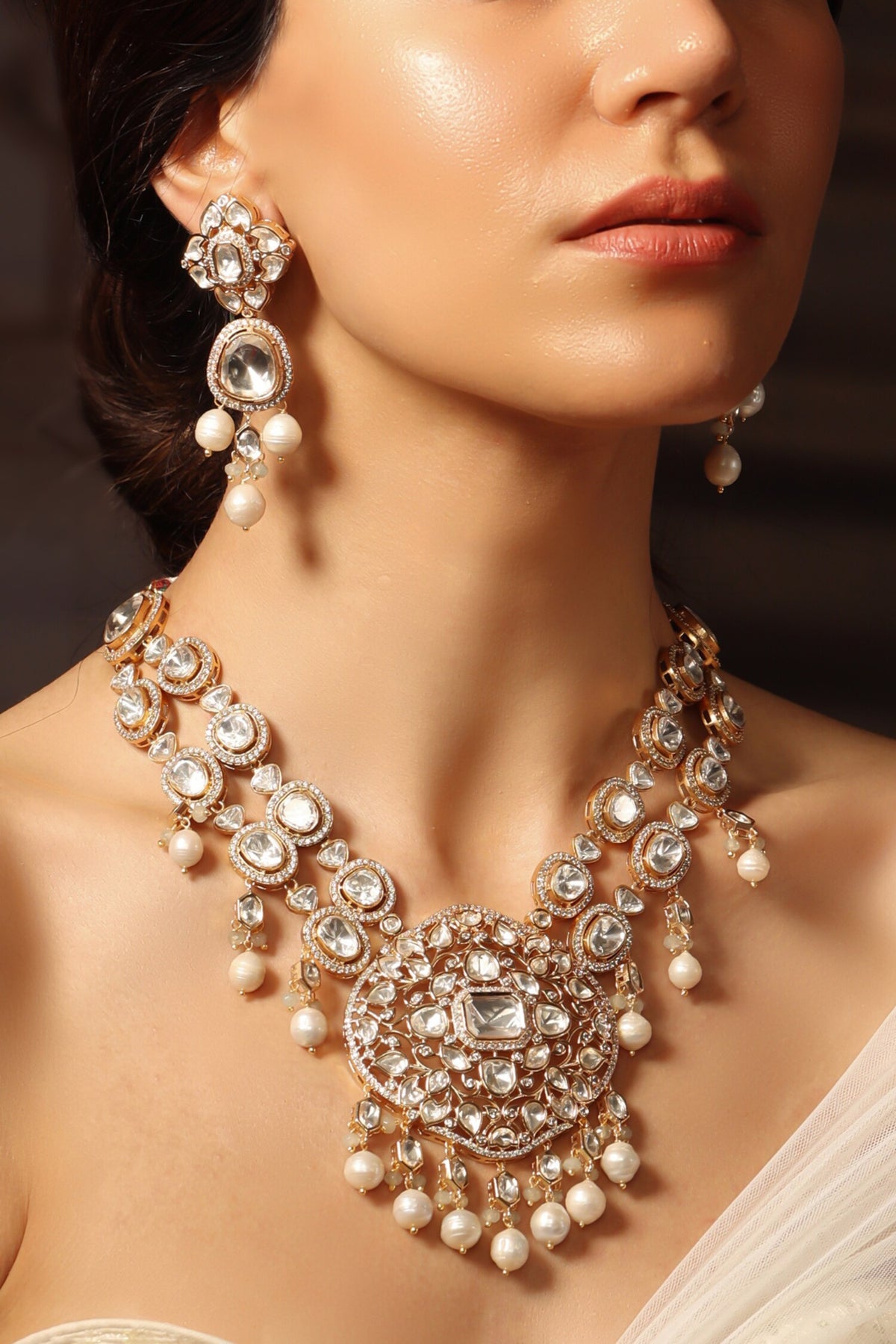 Gold Pearl Kundan Polki Necklace Set 