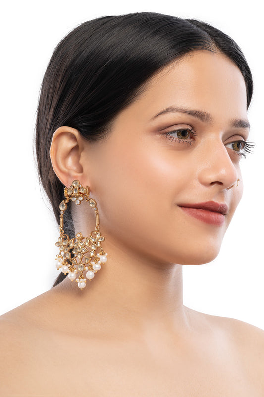 Gold Kundan Pearl Drop Earrings 