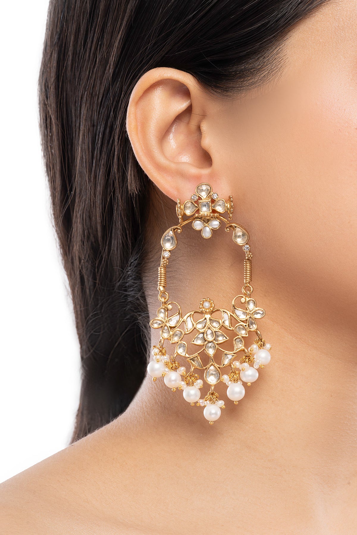 Gold Kundan Pearl Drop Earrings 