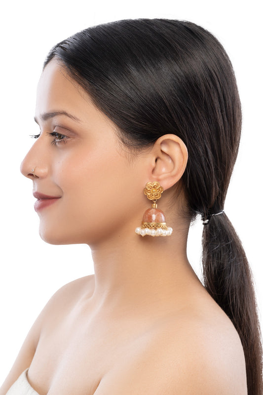 Gold & Brown Quartz Stone Jhumkas 