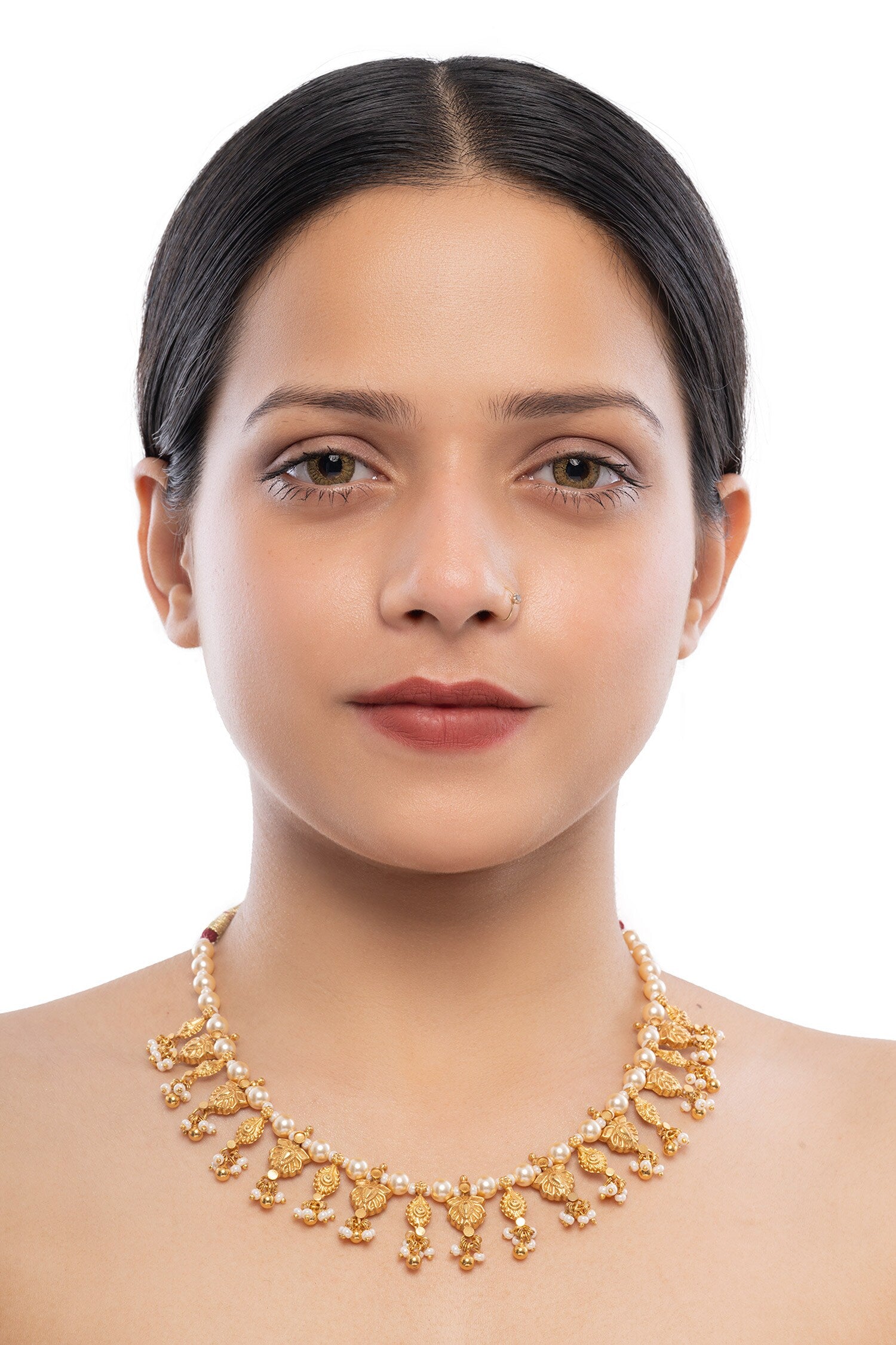 Gold Pearl Embellished Lotus Carved Necklace 