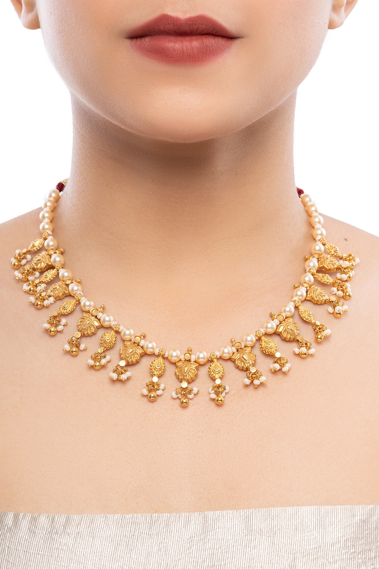 Gold Pearl Embellished Lotus Carved Necklace 