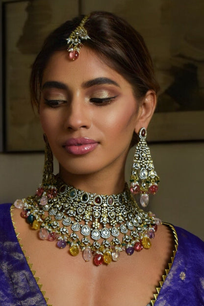 Antique Gold Navratna Polki Necklace Set 