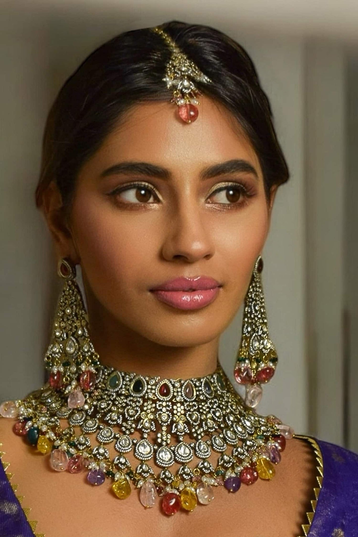 Antique Gold Navratna Polki Necklace Set 