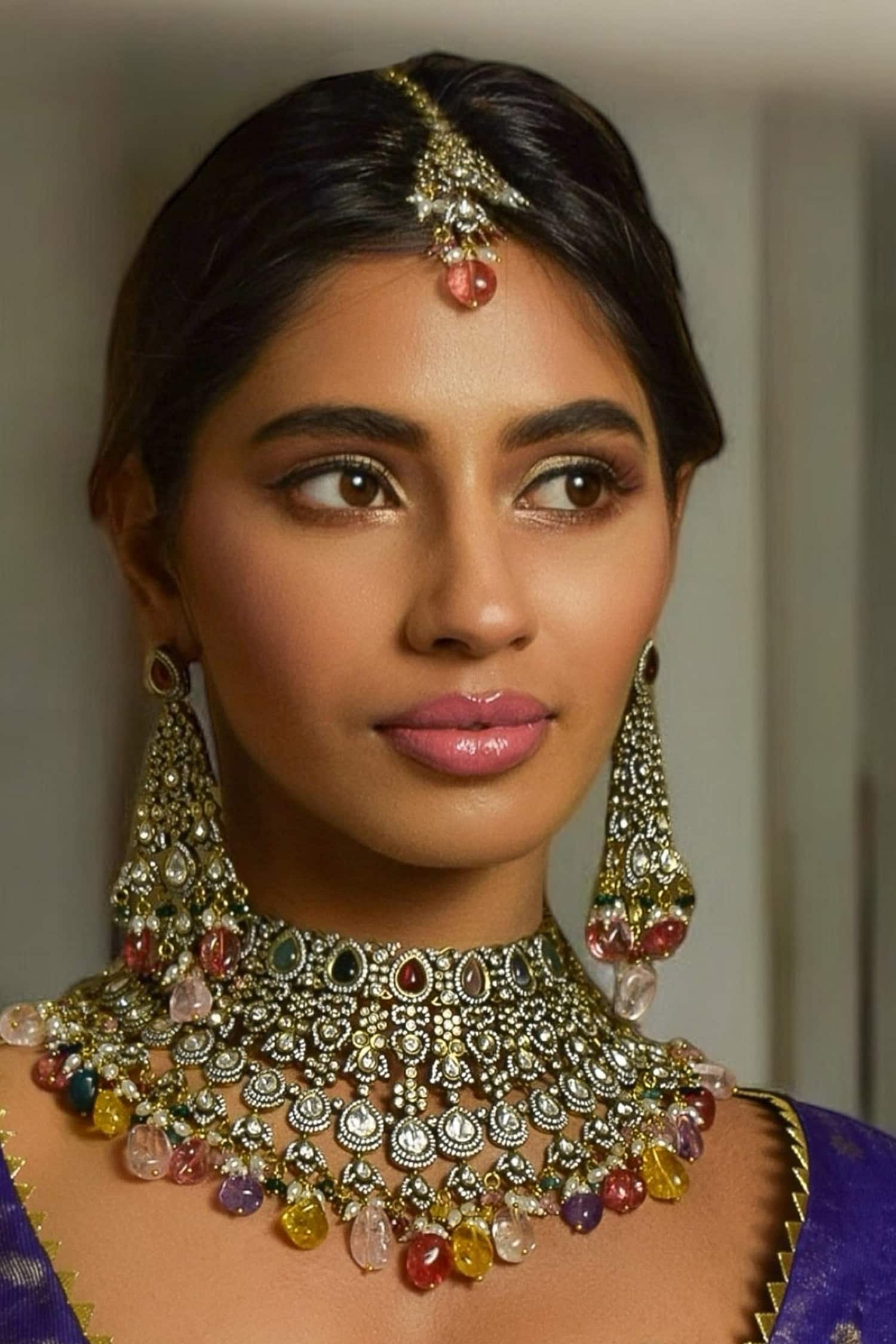 Antique Gold Navratna Polki Necklace Set 