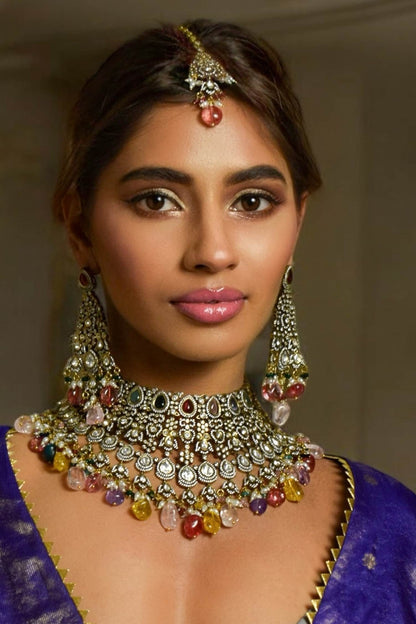Antique Gold Navratna Polki Necklace Set 