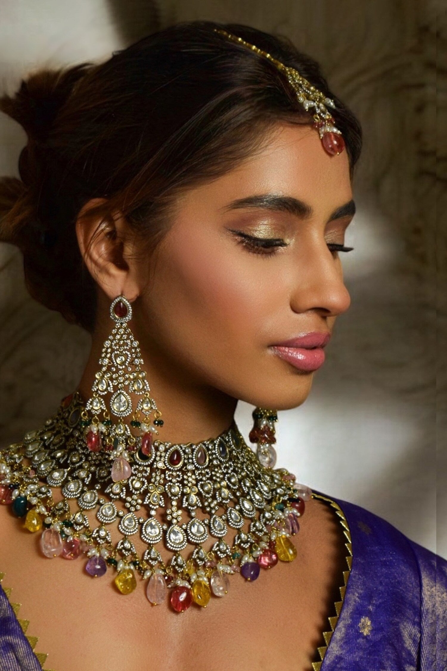 Antique Gold Navratna Polki Necklace Set 