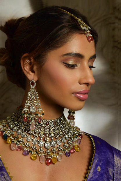 Antique Gold Navratna Polki Necklace Set 