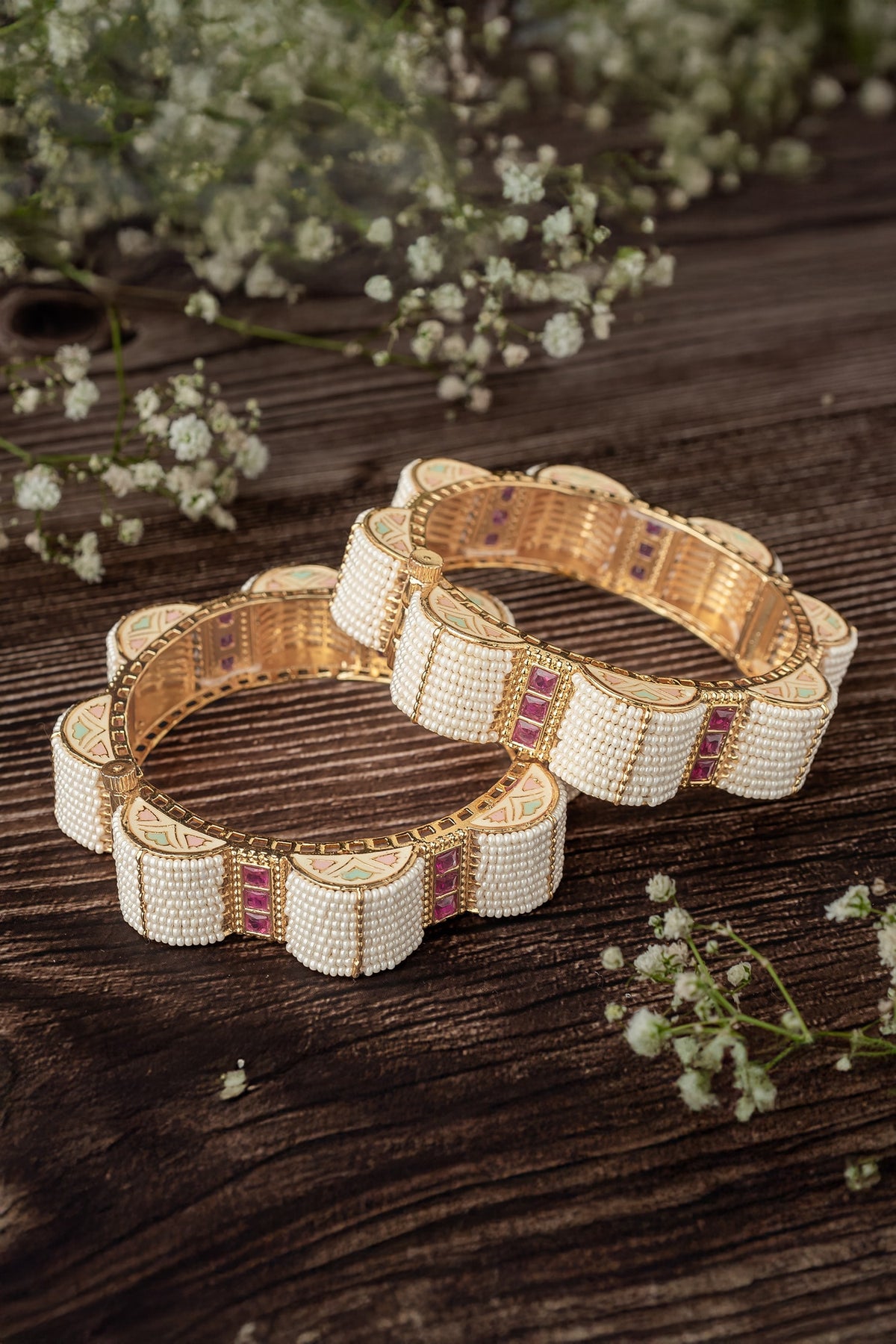 Scalloped Pearl & Stone Bangles Set 