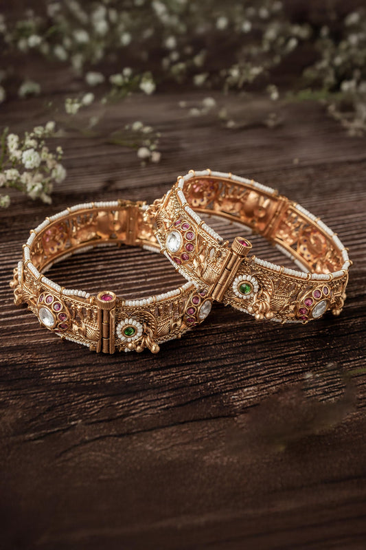 Gold Filigree Stone Bangles Set of 2 