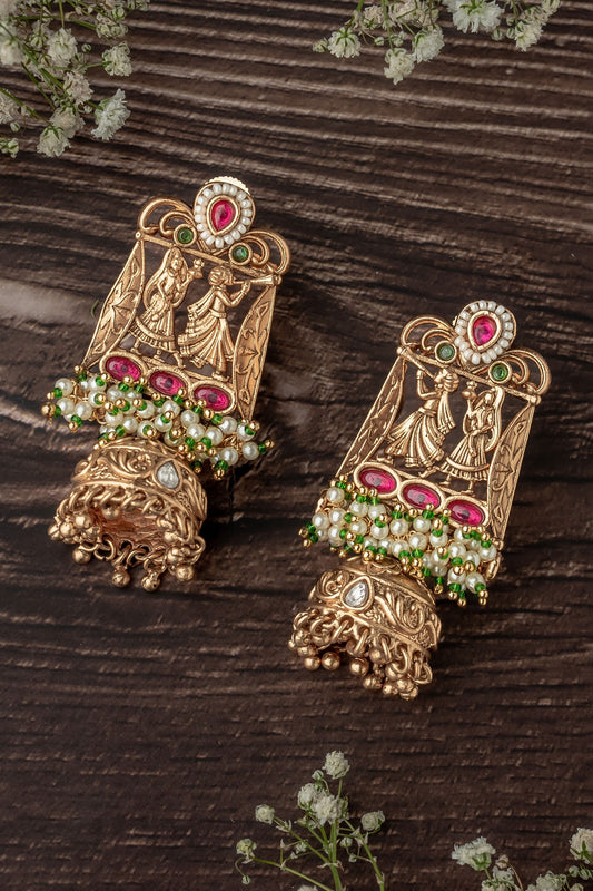 Gold Folklore Carved Jhumka Earrings 