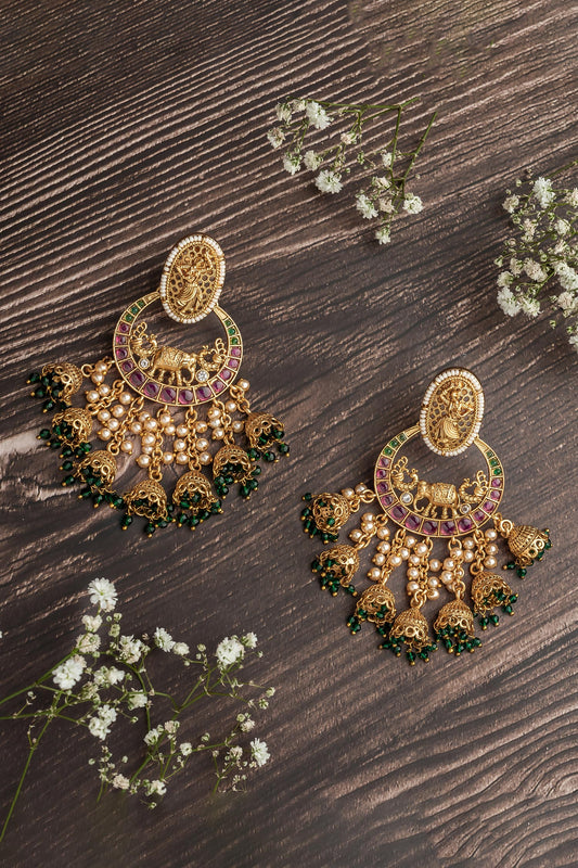 Elephant Carved Chandbali Earrings 