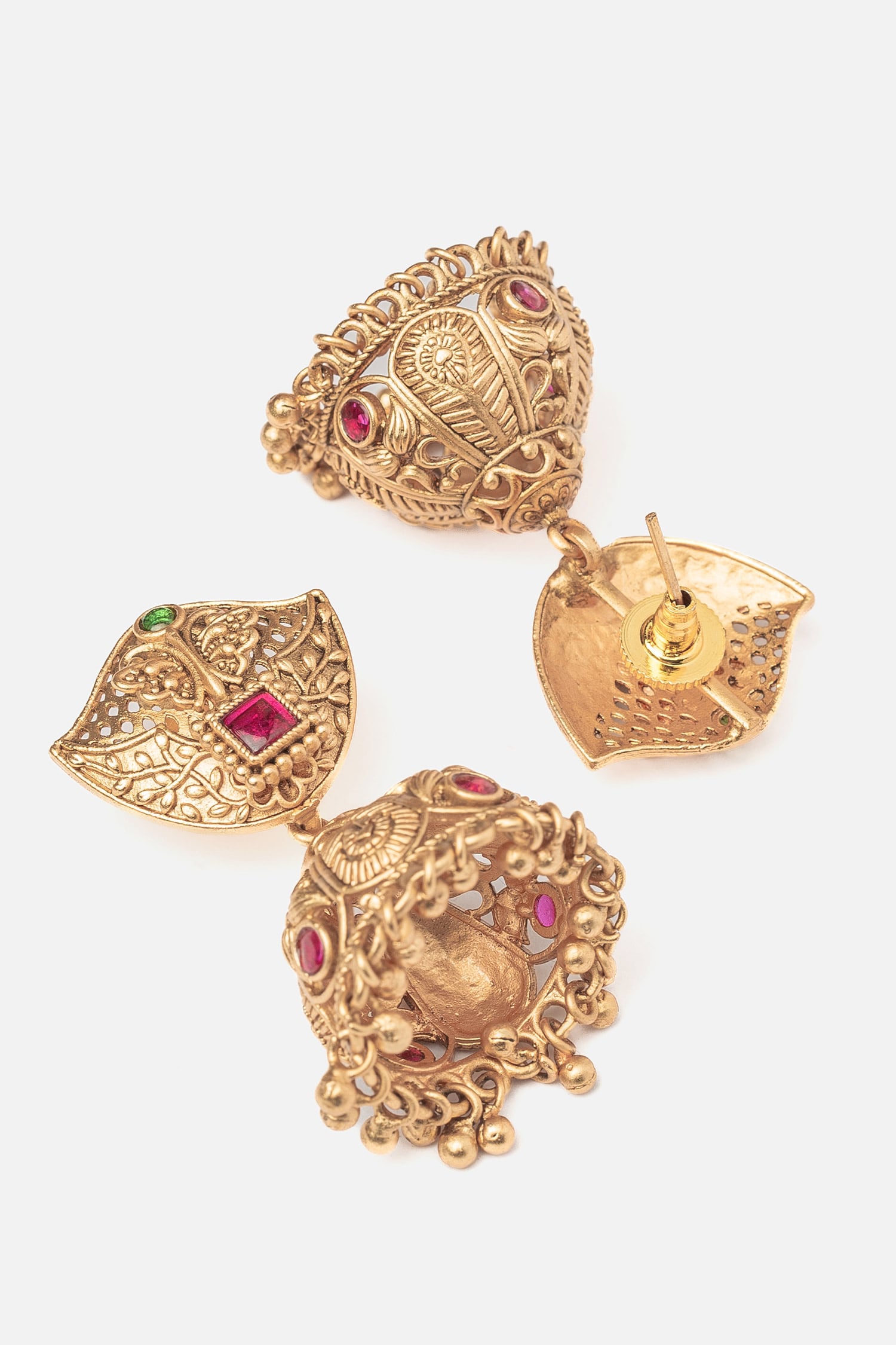 Gold Pink Stone Embellished Jhumka Earrings 