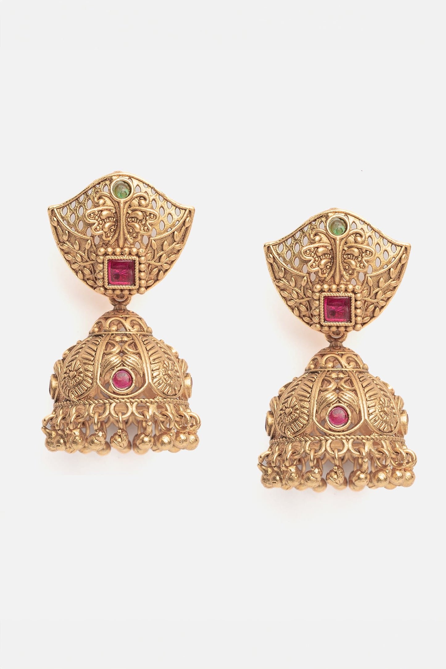 Gold Pink Stone Embellished Jhumka Earrings 
