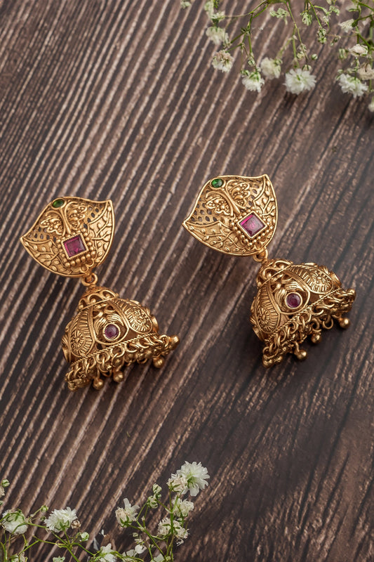 Gold Pink Stone Embellished Jhumka Earrings 