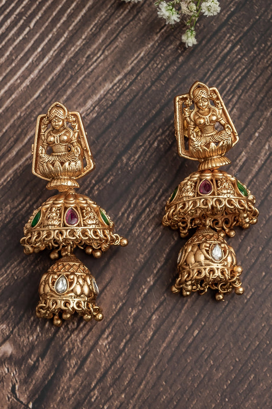Deity Carved Layered Jhumka Earrings 