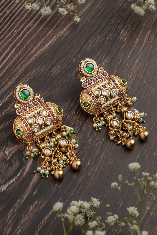 Gold & Green Ornate Jaal Danglers 