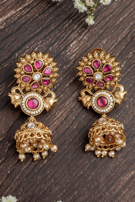 Gold & Pink Stone Embellished Jhumkas 