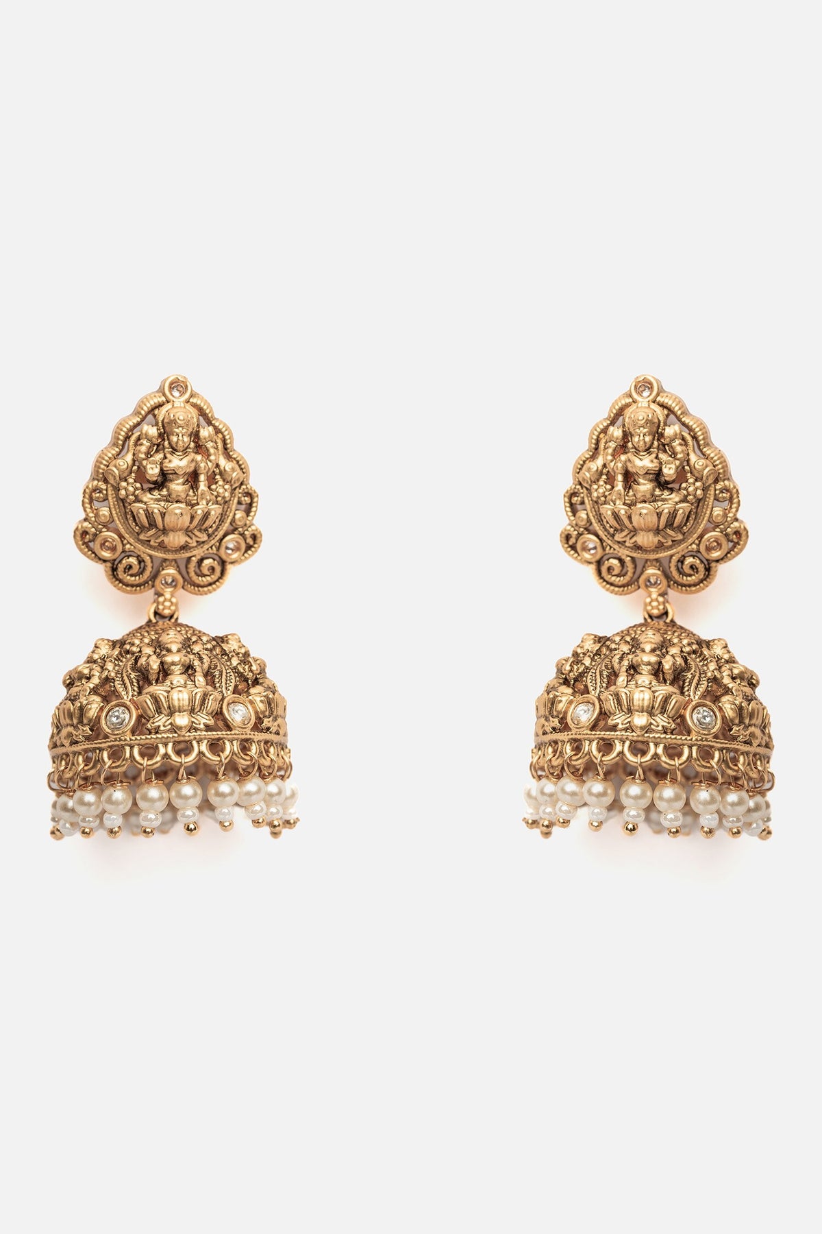 Temple Jhumka Earrings with Goddess Carving 