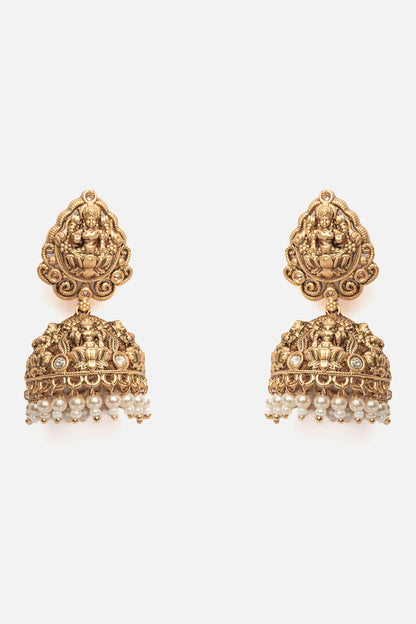 Temple Jhumka Earrings with Goddess Carving 