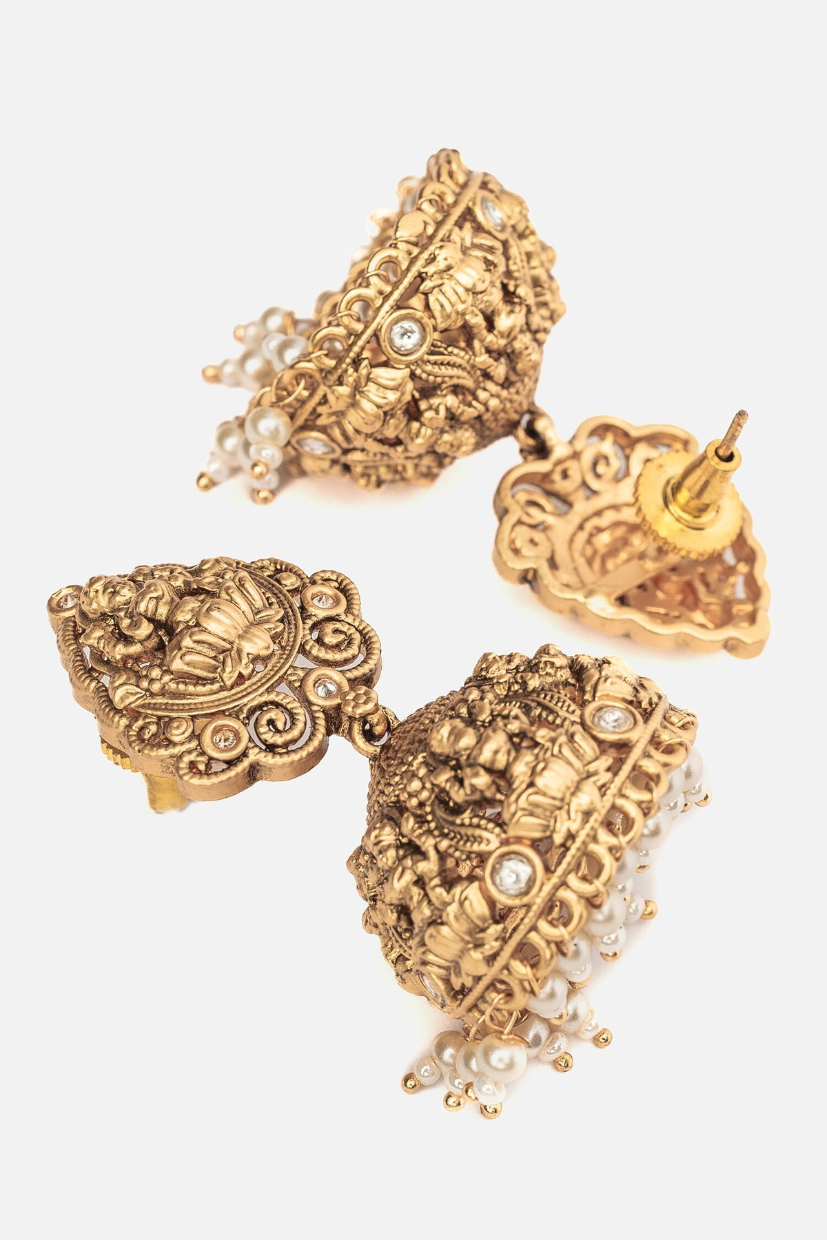 Temple Jhumka Earrings with Goddess Carving 