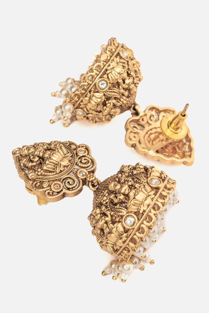 Temple Jhumka Earrings with Goddess Carving 