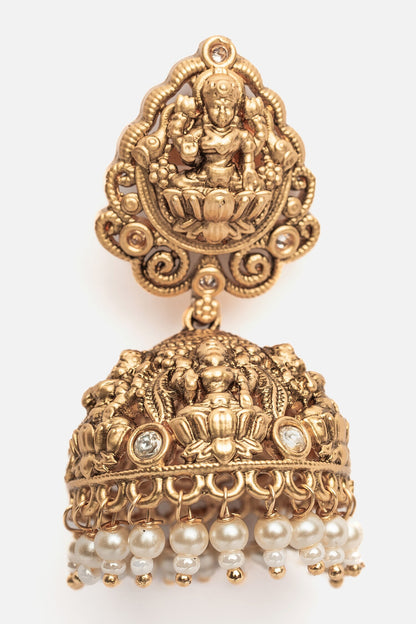 Temple Jhumka Earrings with Goddess Carving 