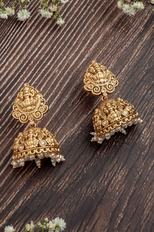 Temple Jhumka Earrings with Goddess Carving 