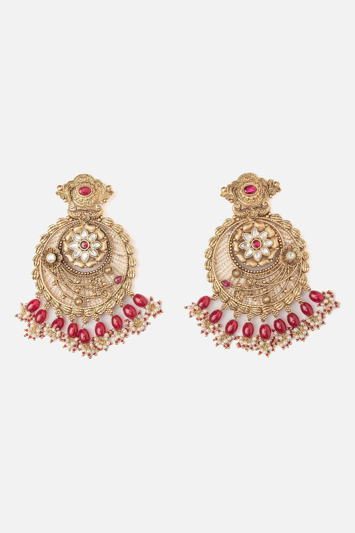 Floral Gold Chandbalis With Pink Beads 
