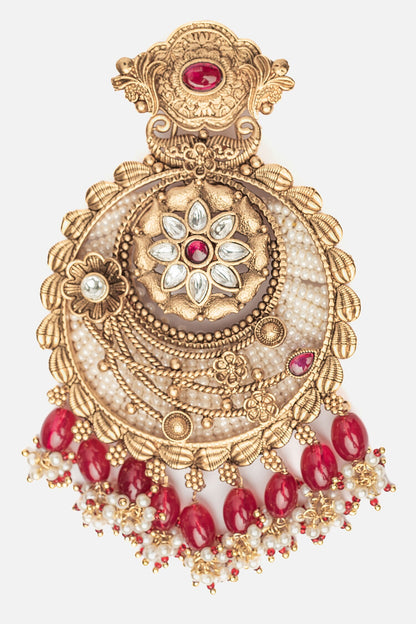 Floral Gold Chandbalis With Pink Beads 