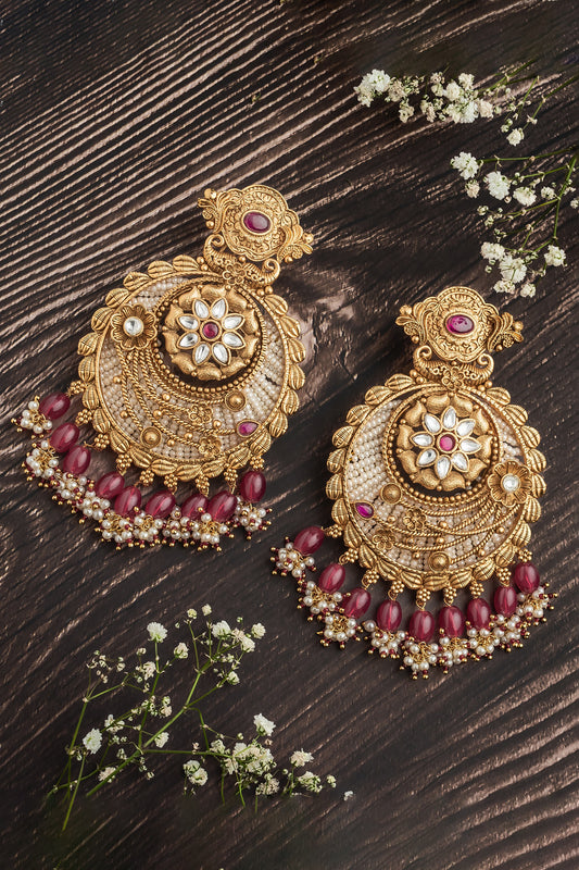 Floral Gold Chandbalis With Pink Beads 