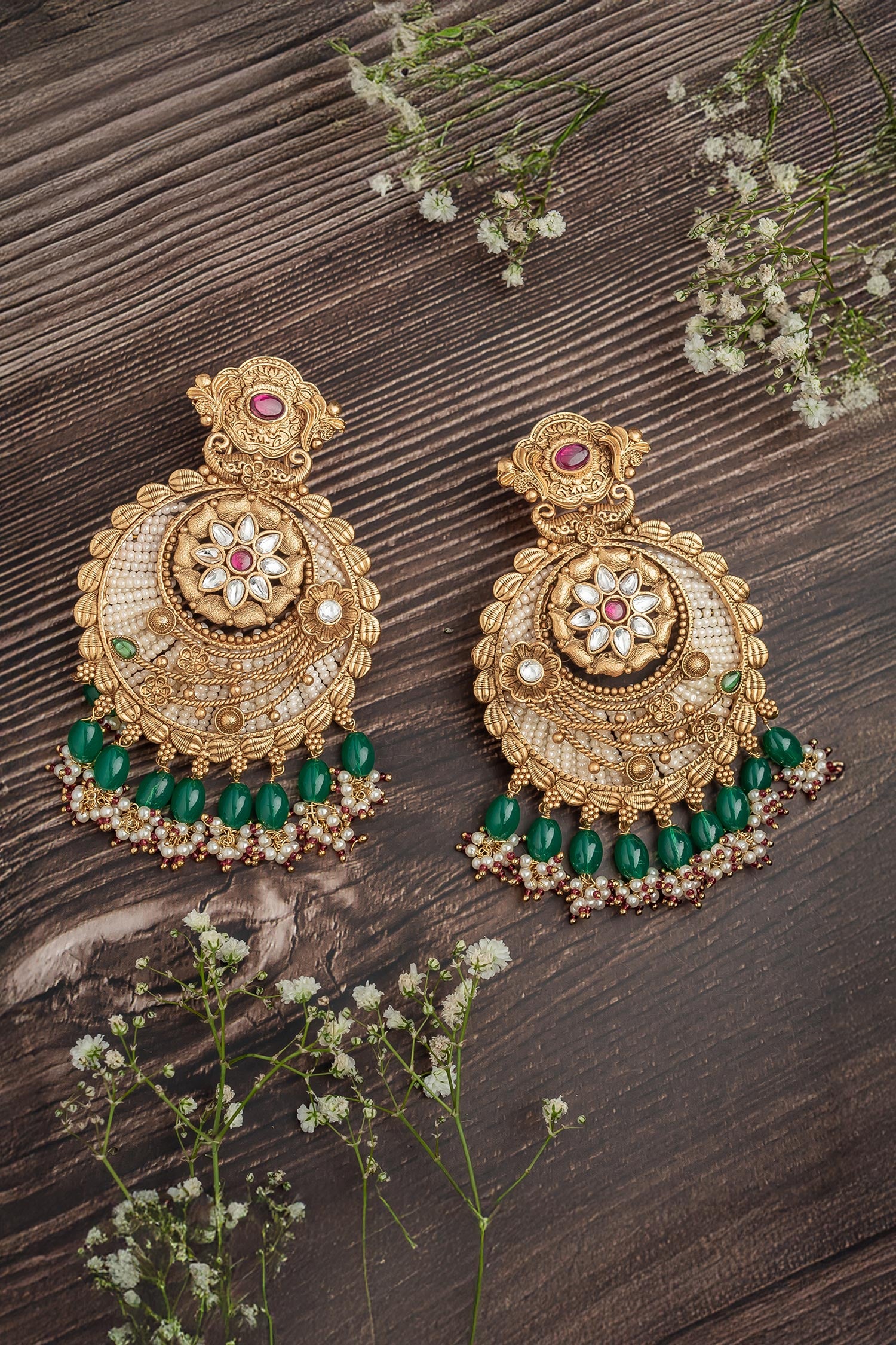 Floral Carved Gold Chandbalis 