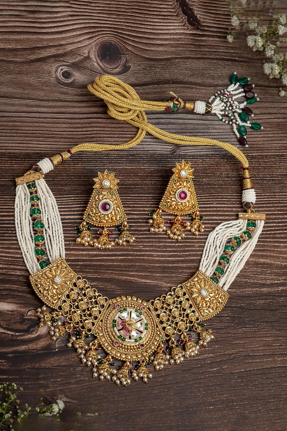 Gold Ornate Blossom Choker Necklace Set 